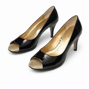 TAHARI Riddle Black Peep Toe Leather Pumps Sz 6.5M